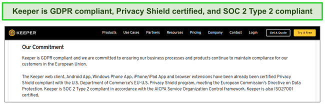Keeper's Privacy Shield certification and SOC 2 Type 2 and GDPR compliance
