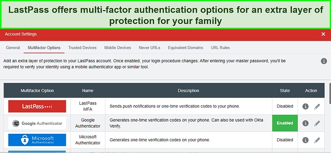 Screenshot of LastPass Multi-factor authentication settings