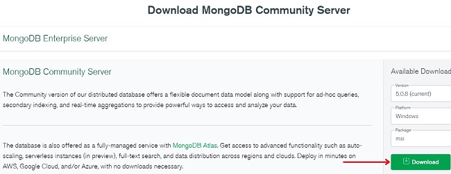 Tangkapan layar server komunitas unduh MongoDB