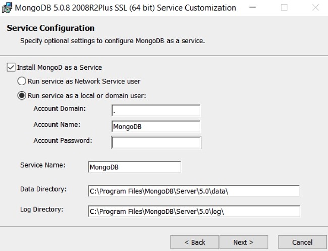 Tangkapan layar konfigurasi layanan MongoDB