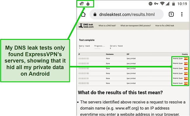 Screenshot of a successful DNS test on Android while ExpressVPN is connected to a server in Madrid