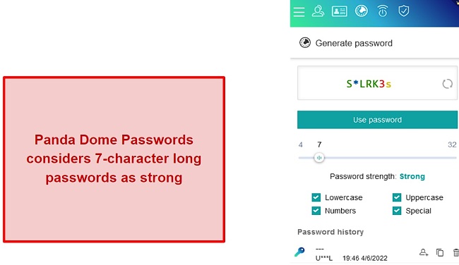 Panda Dome Passwords considers 7-character long passwords as strong