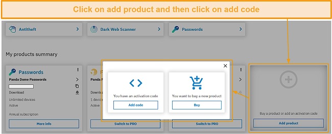 Adding Panda Dome Passwords subscription to Panda Security account