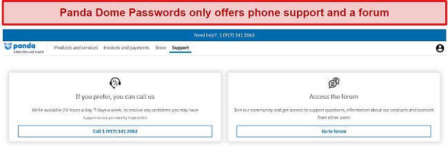 Panda Dome Passwords' customer support options