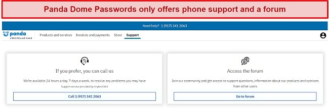 Panda Dome Passwords' customer support options