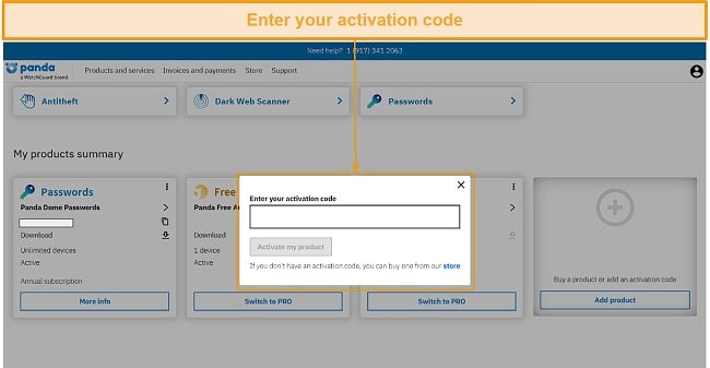 Entering Panda Dome Passwords activation code