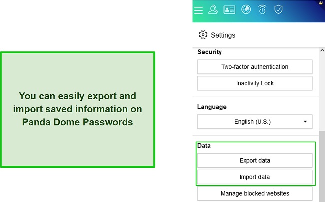 Screenshot of Panda Dome Passwords' export and import feature