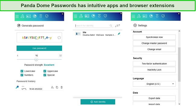Screenshots of Panda Dome Passwords' browser extension