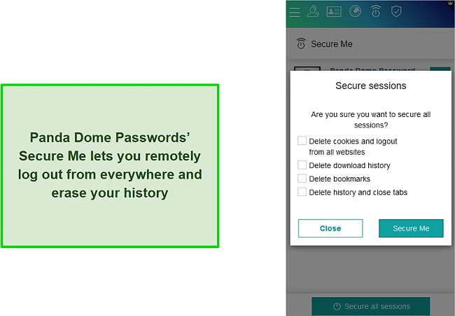 Logging out of everywhere and erasing history using Panda Dome Passwords' Secure Me feature