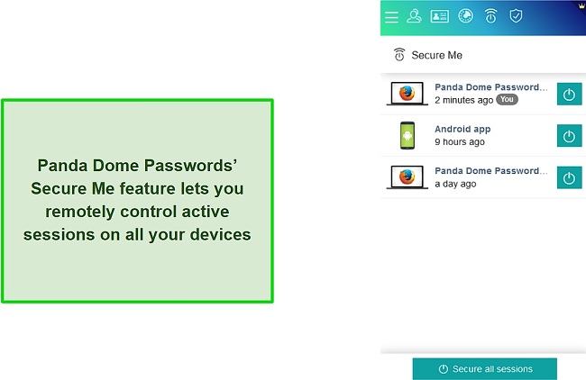 Viewing active sessions using Panda Dome Passwords' Secure Me feature
