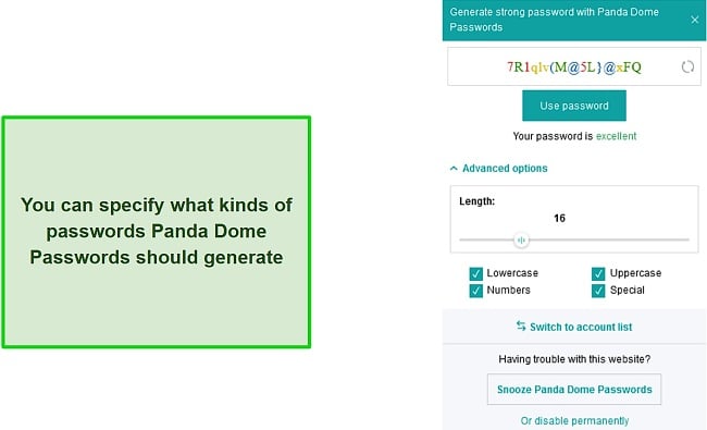 Customizing generated passwords in Panda Dome Passwords