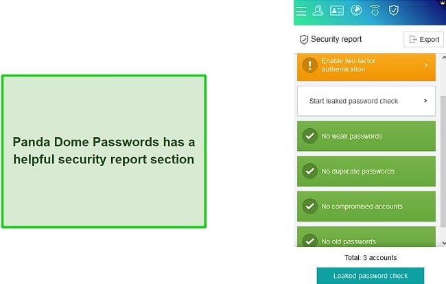 Screenshot of Panda Dome Passwords' security report section