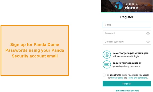 Signing up for Panda Dome Passwords