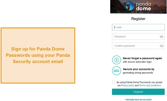 Signing up for Panda Dome Passwords