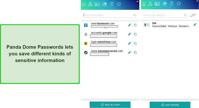 Screenshot of Panda Dome Passwords' secure storage