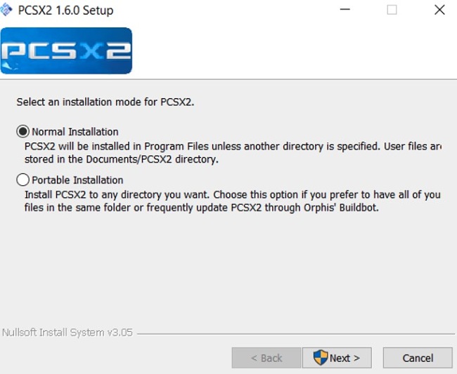 Schermata di installazione di PCSX2