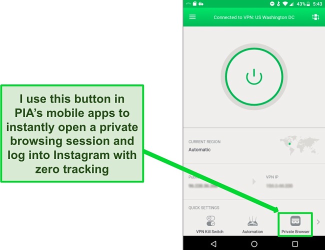 Screenshot of PIA's mobile interface showing the Private Browser shortcut button