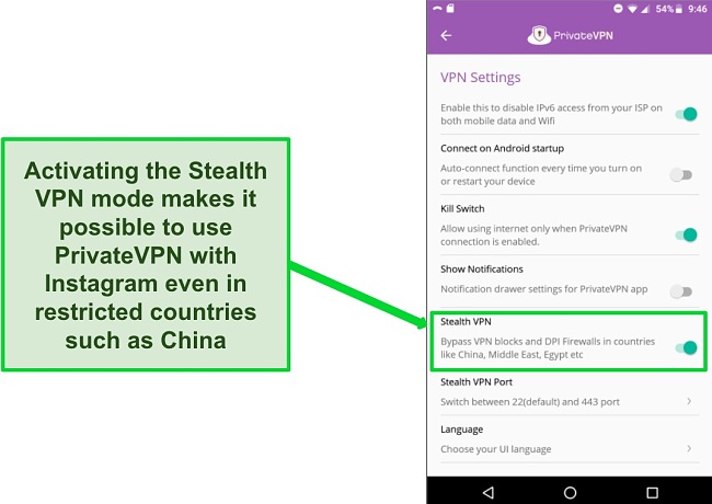 Screenshot of PrivateVPN's settings menu in Android showing the Stealth VPN option activated