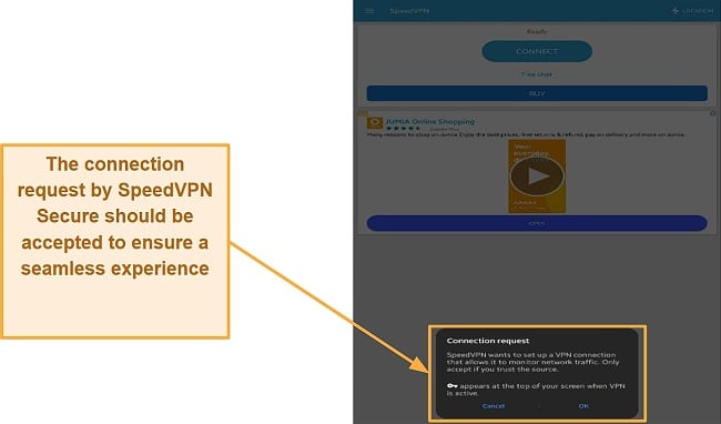 Screenshot of SpeedVPN Secure's connection request notification