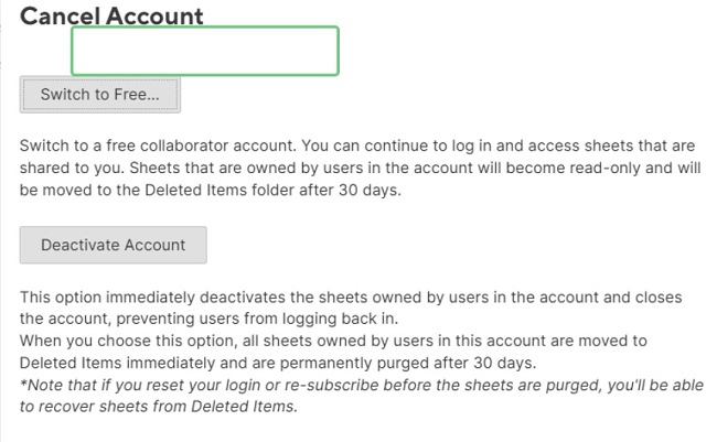 Captura de tela da conta de cancelamento do Smartsheet