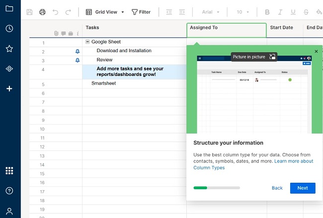 Captura de tela de tarefas do Smartsheet