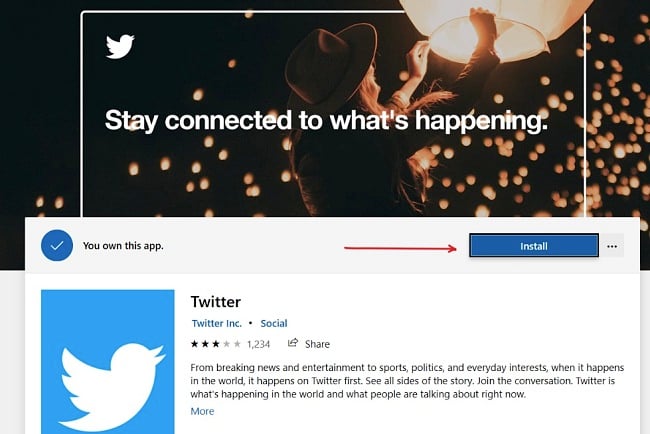 A Twitter alkalmazás telepítési gombjának képernyőképe