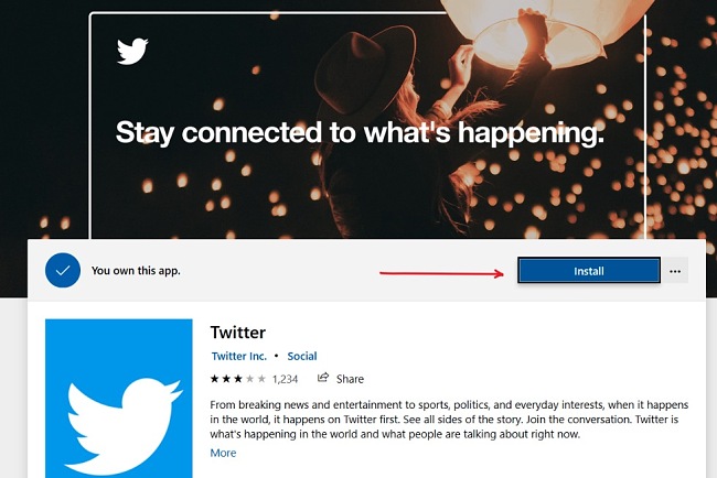 Twitter application install button screenshot