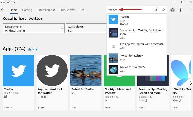 צילום מסך של Twitter Microsoft Store