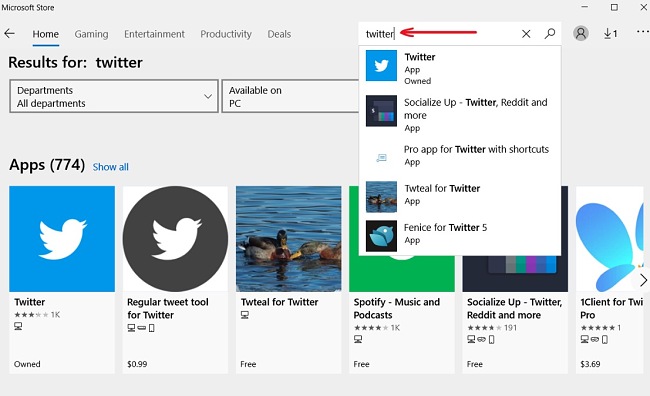 צילום מסך של Twitter Microsoft Store