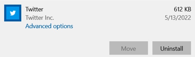 Twitter uninstall screenshot