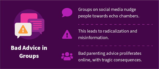 Bad Advice in Groups: Social media groups can push people into echo chambers which can lead to radical views and misinformation. This can have tragic consequences.
