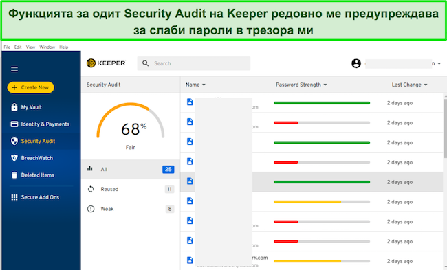 Екранна снимка на раздела за проверка на сигурността на Keeper