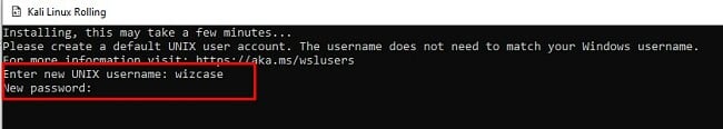 Создайте имя пользователя и пароль для Kali Linux.