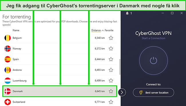Skærmbillede af CyberGhosts torrent-servermenu, der viser en Danmarks P2P-server.