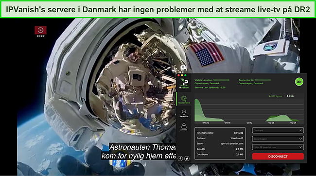 Skærmbillede af DR2, der streamer live, mens IPVanish er forbundet til en server i København.