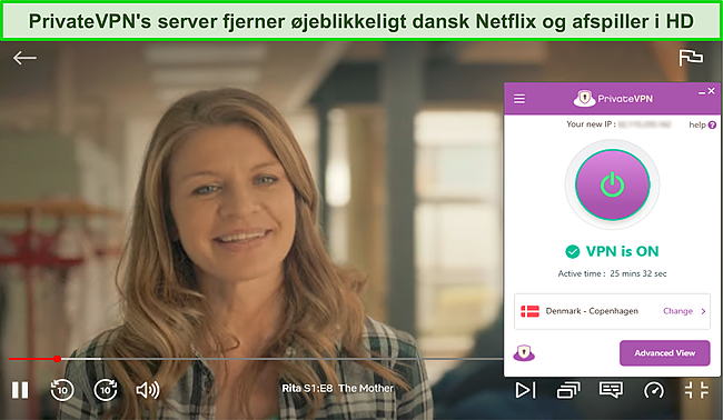 Skærmbillede af The Big Bang Theory, der streamer på Netflix Danmark, mens PrivateVPN er forbundet til en lokal server.