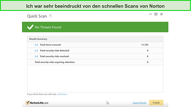 Screenshot der Quick-Scan-Ergebnisse von Norton 360.