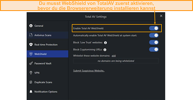 Screenshot des TotalAV WebShield-Einstellungs-Dashboards.