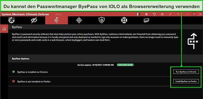 Screenshot der ByePass-Passwortmanager-Browsererweiterung von Iolo.