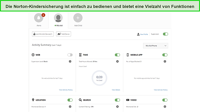 Screenshot der Kindersicherungsfunktion von Norton.