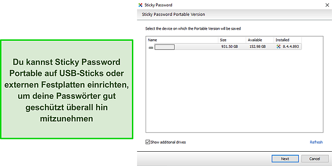 Screenshot des tragbaren Sticky Password USB-Laufwerks.