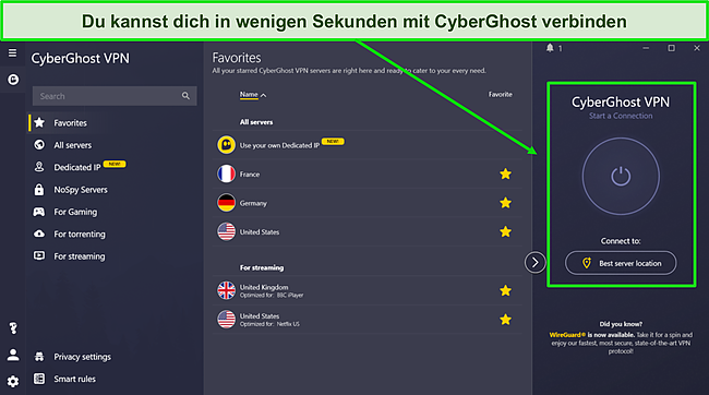 Die Benutzeroberfläche von CyberGhost, die die Schnellverbindungsfunktion und verschiedene für unterschiedliche Zwecke optimierte Server demonstriert.