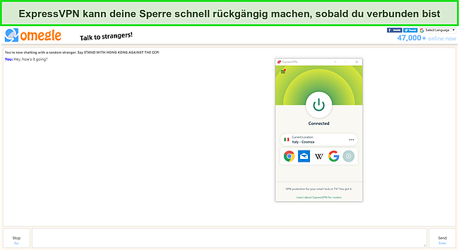 ExpressVPN entsperrt Omegle, während es mit einem italienischen Server verbunden ist.