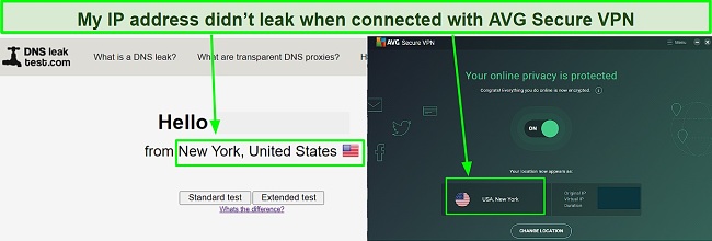 A screenshot showing AVG Secure VPN didn't leak my real IP during my tests