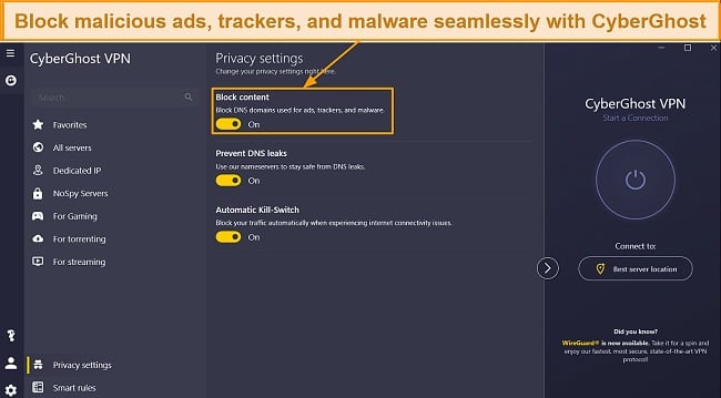 Screenshot of an automatic kill switch, DNS leak protection, and an ad and malware blocker on CyberGhost