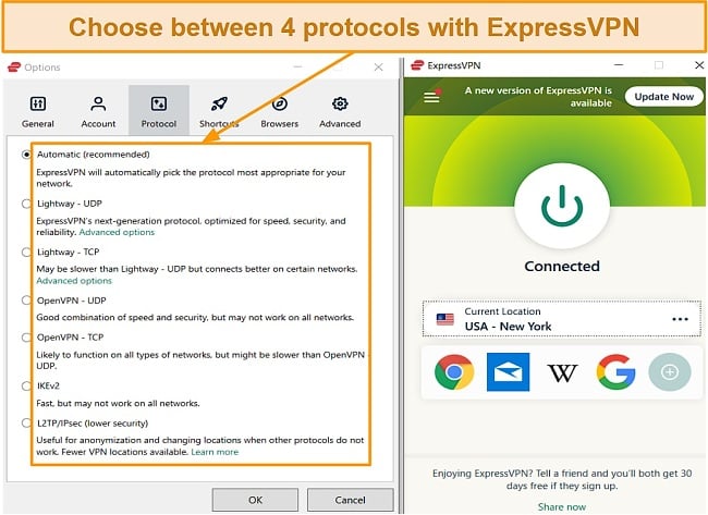 Screenshot of Lightway, OpenVPN, IKEv2, and L2TP/IPsec VPN protocols on ExpressVPN