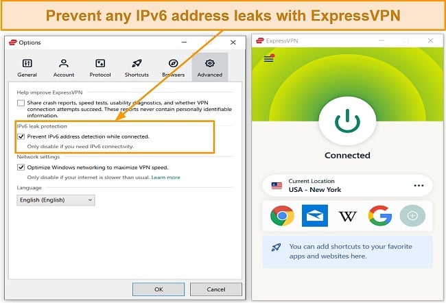 Screenshot of how to toggle on ExpressVPN's IPv6 leak prevention feature