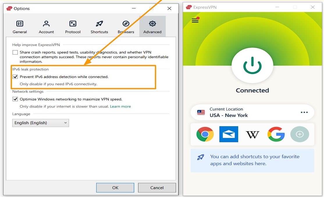 Screenshot of IPv6 Leak Protection on a New York Server using ExpressVPN