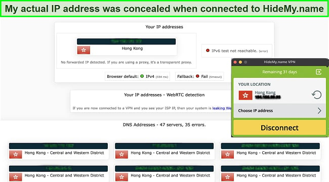 Screenshot of leak test results while using HideMyname