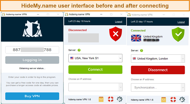 Screenshot showing HideMynames before and after connection interface